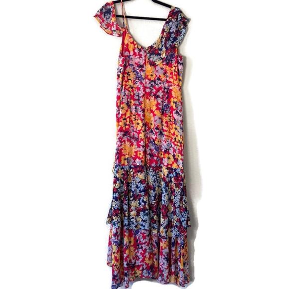 Lulu’s Red Radiant Ruby Floral Chiffon Asymmetrical Dress Size XL - Picture 3 of 7
